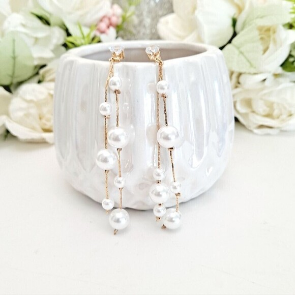 Gold Pearl Long Tassel Drop Dangle Earrings Wedding, Bridal, Statement 💖2/$30 - Picture 6 of 12